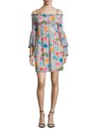 Nicole Miller New York Off-shoulder Smocked Bell-sleeve Dress