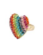 Betsey Johnson Rainbow Connection Pave Crystal Studded Heart Stretch Ring