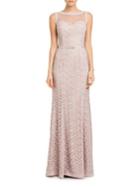 Js Collections Belted Lace Illusion-top Gown