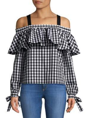 Design Lab Gingham Cold-shoulder Cotton Top