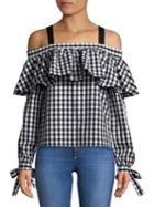 Design Lab Gingham Cold-shoulder Cotton Top