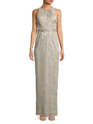 Adrianna Papell Highneck Metallic Floral Length Dress