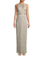 Adrianna Papell Highneck Metallic Floral Length Dress