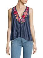 Free People Floral-applique Striped Top