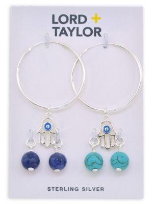 Lord & Taylor Hamsa Hoop Earrings With 2-pair Sodalite, Howlite Chryscolla Interchangeable Charms