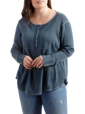 Lucky Brand Plus Embroidered Thermal Cotton Henley