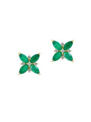 Effy Brasilica Diamond, Natural Emerald And 14k Yellow Gold Stud Earrings
