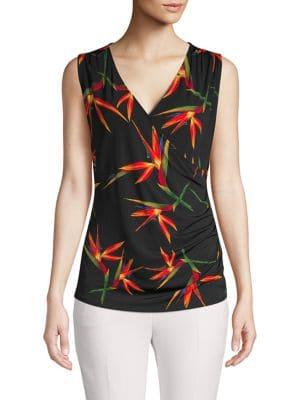 T Tahari Printed Pleated Surplice Shell Top