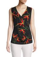 T Tahari Printed Pleated Surplice Shell Top