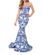 Glamour By Terani Couture Paisley-print Strapless Train Gown