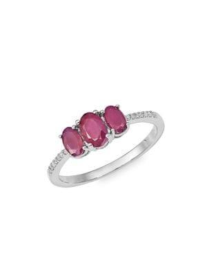 Lord & Taylor Sterling Silver, Diamond And Three-stone Ruby Ring