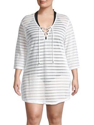 J Valdi Plus Popcorn Stripe Lace-up Coverup