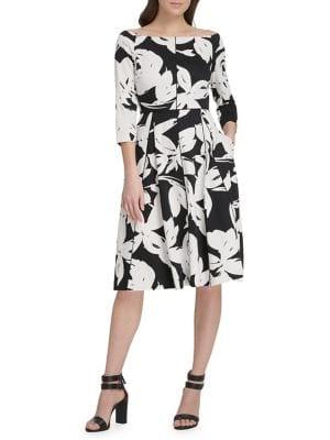 Donna Karan Printed Boatneck Fit-&-flare Dress