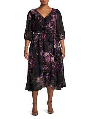 Gabby Skye Plus Floral Ruffled Chiffon Dress
