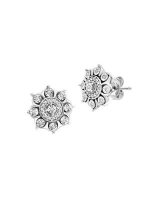 Lord & Taylor Sterling Silver And Diamond Flower Stud Earrings