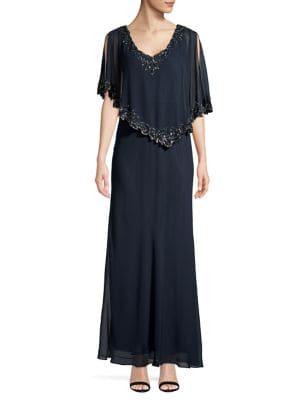 J Kara Petite Embellished Cape Gown
