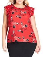 City Chic Plus Relaxed-fit Floral Smocked Etched Top