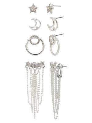 Bcbgeneration Festival Fashion Moon & Star 4-pair Silvertone & Crystal Earrings
