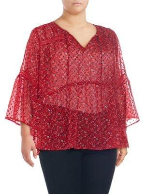 Lucky Brand Plus Swiss Dot Bell-sleeve Top