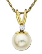 Lord & Taylor Freshwater Pearl Pendant With Diamond Accent In 14 Kt. Yellow Gold 0.05 Ct. T.w. 8 Mm