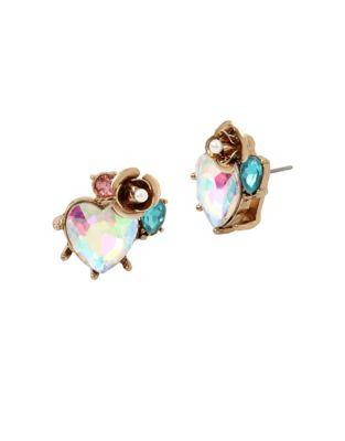 Betsey Johnson Angel Crystal Heart, Faux Pearl And Rose Cluster Stud Earrings
