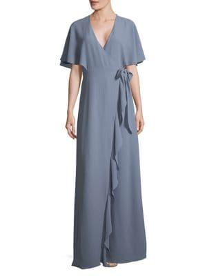 H Halston Crinkle Ruffle Wrap Maxi Dress