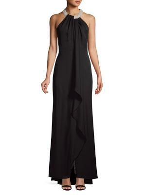 Calvin Klein Pearl Neck Ruffle Drape Evening Gown