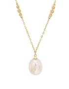 Lord & Taylor White Oval Freshwater Pearl, Diamond And 14k Yellow Gold Pendant Necklace