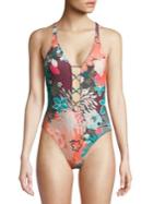 Vince Camuto One-piece Floral Strappy Plunge Swimsuit