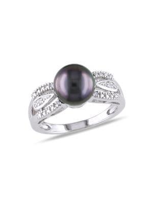Sonatina Sterling Silver, 9-9.5mm Black Tahitian Pearl & Diamond Split Shank Cocktail Ring