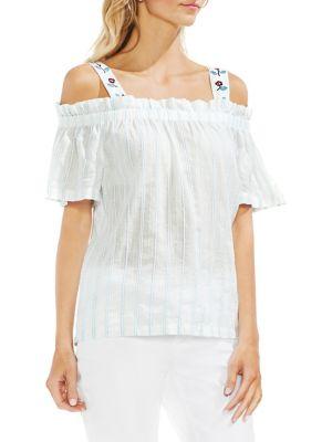 Vince Camuto Bubble Stripe Cold-shoulder Cotton Blouse