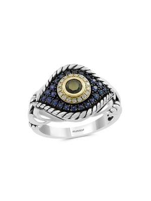 Effy 925 Sterling Silver, 18k Yellow Gold, Sapphire, Black Diamond & Diamond Ring