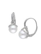 Sonatina Sterling Silver, 8-8.5mm White Round Pearl & Diamond Twist Drop Earrings