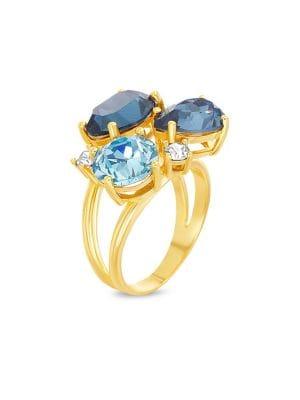 Lord & Taylor 925 Sterling Silver & Aquamarine, Monta & Denim Blue Swarovski Crystal Cluster Ring