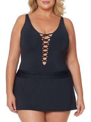 Bleu By Rod Beattie Plus Skirted Lace-up One-piece Swimsuit