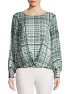Vince Camuto Petite Plaid Bubble-sleeve Stretch Top