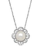 Lord & Taylor 8mm White Pearl, Diamond And Sterling Silver Floral Pendant Necklace