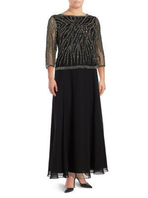 J Kara Plus Beaded & Sequined Popover Gown