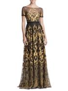 Marchesa Notte Metallic Embroidered Gown