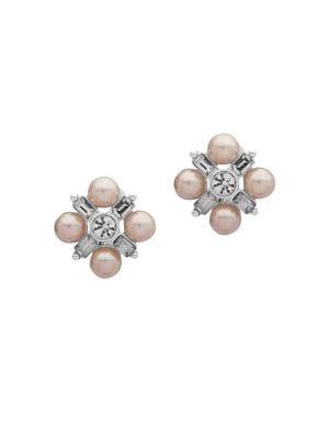 Ak Anne Klein Silvertone And Faux Pearl Cluster Stud Earrings