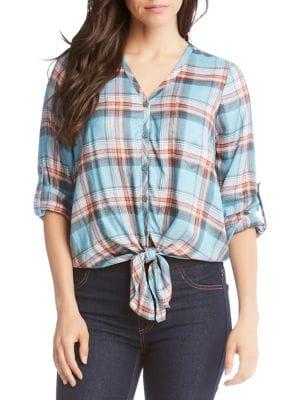 Karen Kane Plaid Tie-front Button-down Shirt