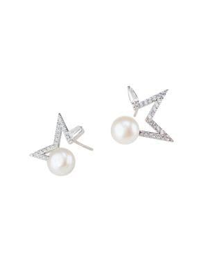 Cz By Kenneth Jay Lane Open Star 8mm White Freshwater Pearl & Crystal Stud Earrings