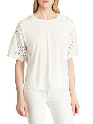 Lauren Ralph Lauren Eyelet-sleeve Cotton-blend Top