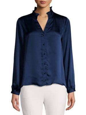 Vince Camuto Petite Ruched Ruffled V-neck Satin Blouse