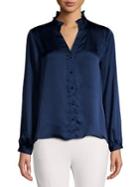 Vince Camuto Petite Ruched Ruffled V-neck Satin Blouse