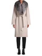 Sofia Cashmere Natural Fox Fur Collar Wool & Cashmere Belted Coat
