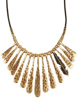Lucky Brand Goldtone And Leather Fan Feather Necklace