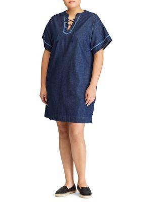 Lauren Ralph Lauren Plus Lace-up Denim Shift Dress