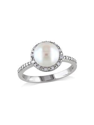 Sonatina Sterling Silver And 8-8.5mm Freshwater Pearl And Diamond Halo Ring