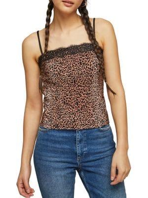 Miss Selfridge Animal Print Lace Trim Camisole Top